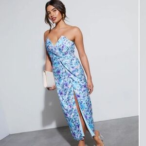 Lovestruck Satin Strapless Floral Midi Dress